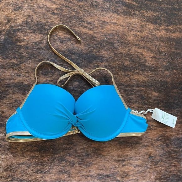 NWT Aerie Blue & Gold Underwire Padded Underwire Push Up Top - Picture 2 of 9